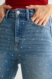 Full length cotton-poly blend jeans with subtle rhinestone sparkle