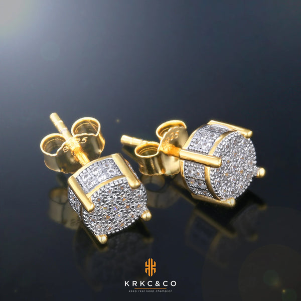 Gold Earrings — Iced-Out Cubic Zirconia 925 Sterling Silver Round Studs