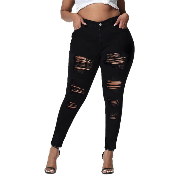 Black Skinny Jeans — Women's Ripped Stretch Denim, Mid-Rise