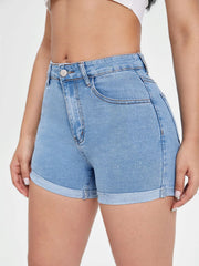 Rolled cuff denim shorts in soft light blue for summer
