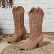 Knee-high cowboy boots with embroidered suede-look upper
