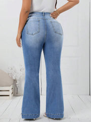 Ripped light blue denim flare jeans, leg-lengthening cut