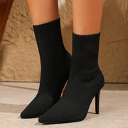 Black knitted pointed-toe stiletto sock boots