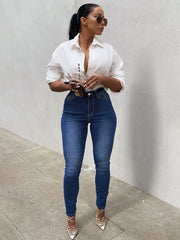 High-waist stretch denim jeans with smooth flattering fit