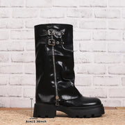 Chunky heel knee-high boots with plush lining for cold-weather warmth