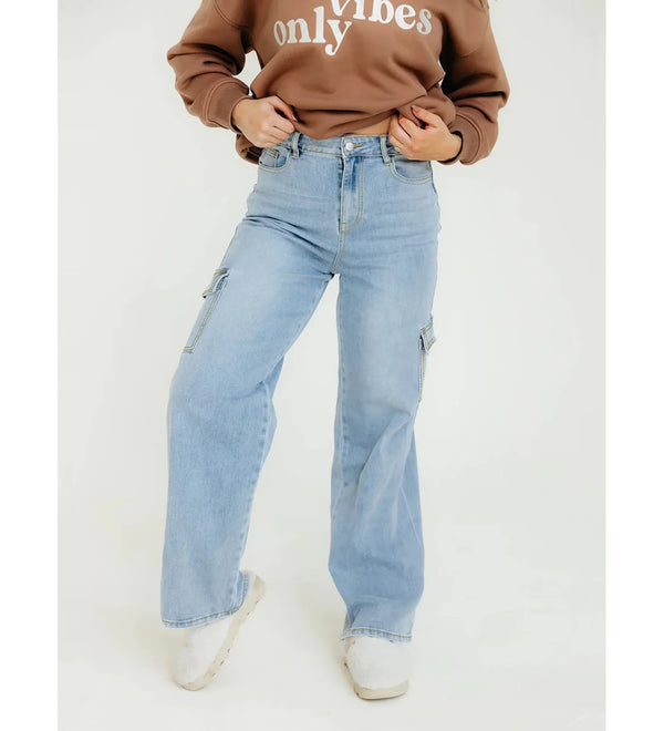 High Waisted Jeans, Light Blue Straight Leg Plus Size Denim with Big Pockets