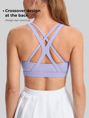 Crew neckline detail on Maanga thin strap sports bra