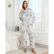 Black fleece one-piece pajamas with long sleeves and hood