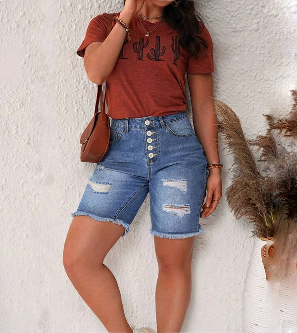 Ripped Denim High-Waisted Plus Size Shorts