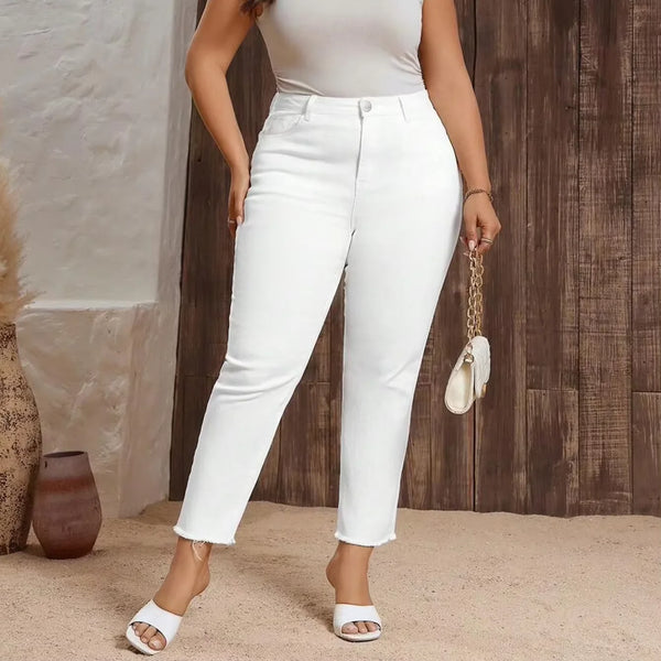 White Frayed Hem High-Waist Skinny Jeans in Plus Size