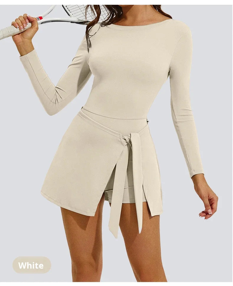Women's Long Sleeve Slim-Fit One-Piece Tennis Golf Skirt Breathable Anti-Exposure Yoga Fitness Sports Skorts