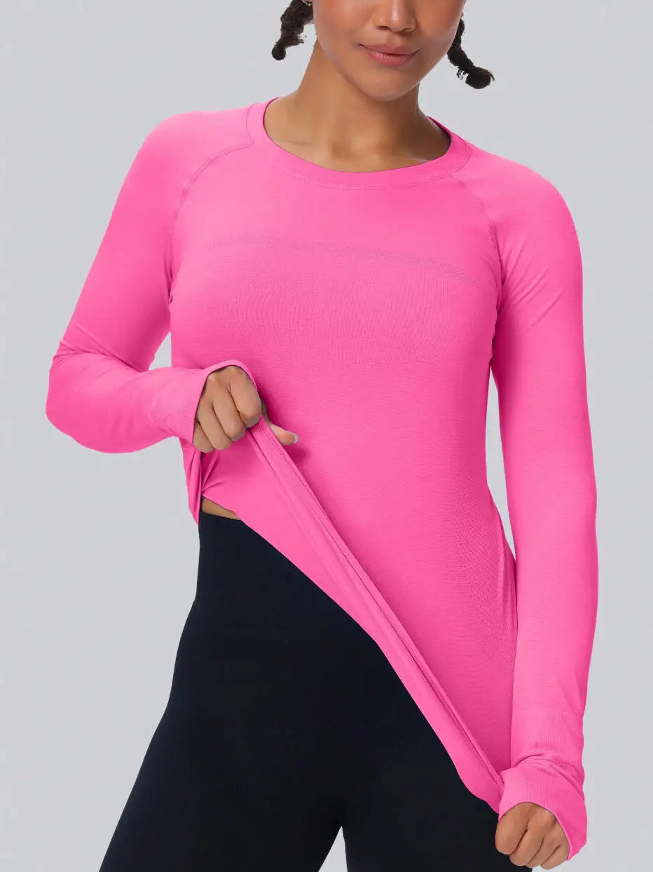 Women's Long-Sleeved Seamless Workout Tops Breathable Yoga Top with Thumb Holes for Running & Yoga