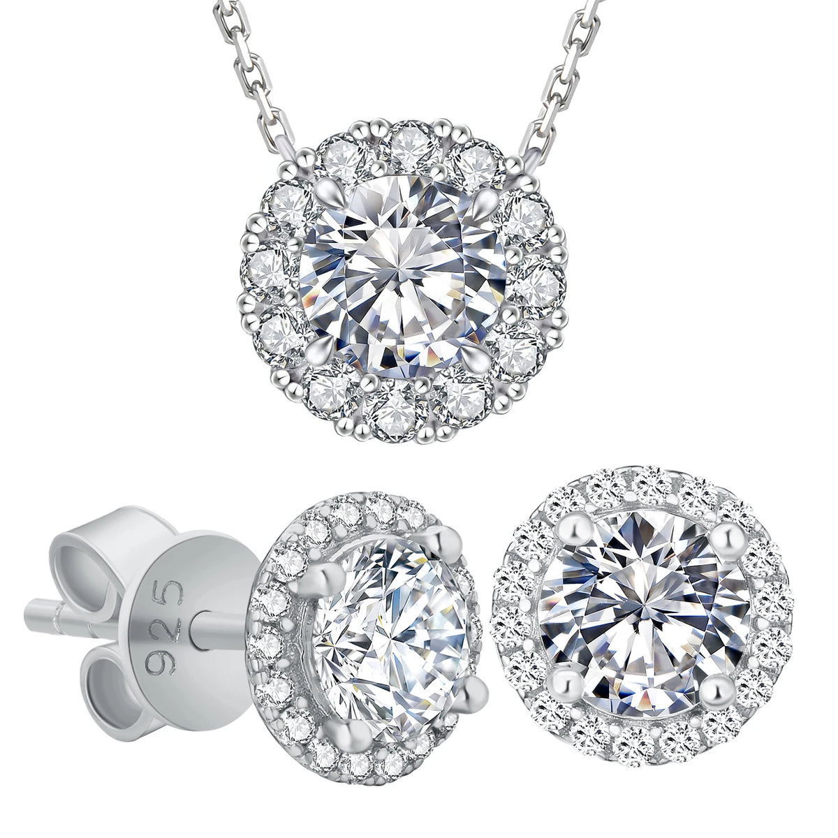 Maanga moissanite jewelry set with flower pendant necklace and matching stud earrings in 925 silver