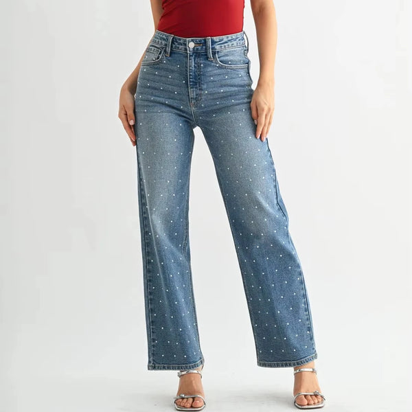 High Waisted Denim Pants Plus Size Wide Leg Light Wash with White Polka Dot Rhinestone Studs