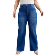 Casual dark blue high-waisted jeans with roomy leg fit