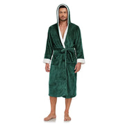 Hooded green flannel robe with cozy hood and long sleeves