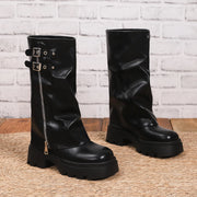 Black women's knee-high chunky heel boots with buckle detail
