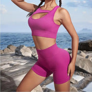 Matching crew-neck top and shorts yoga two-piece set