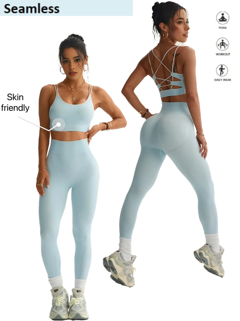 Women's Seamless Breathable Yoga 2 Piece Sets High Support Crisscross Straps Backless Sports Bra Butt Lifting Pants