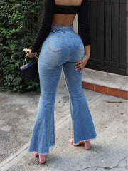 Plus-size wide-leg flare jeans in solid sky blue wash