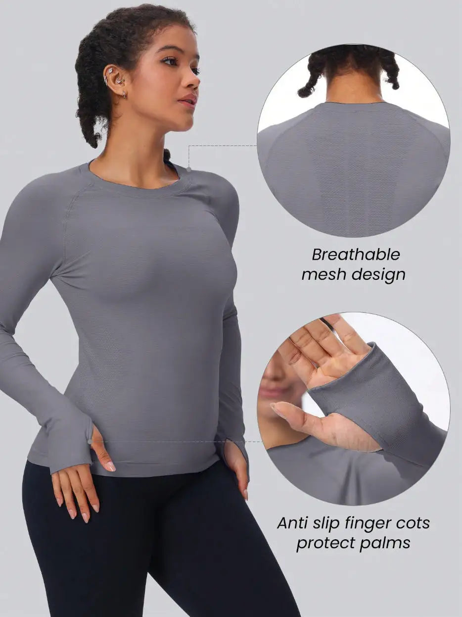 Women's Long-Sleeved Seamless Workout Tops Breathable Yoga Top with Thumb Holes for Running & Yoga