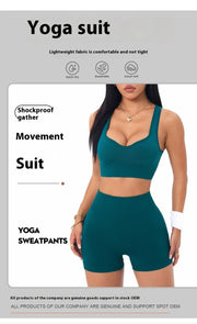 Two-piece yoga set styled as matching bra and shorts