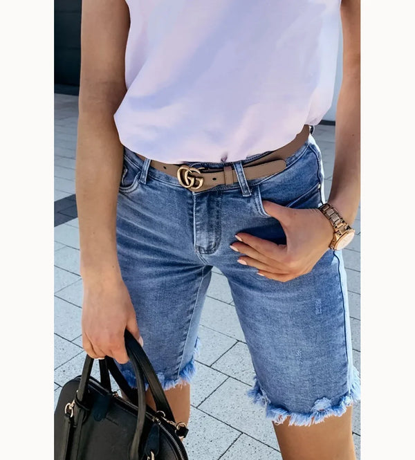 Mid-Waist Raw Hem Boyfriend Denim Shorts