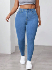 Blue high-waist stretch skinny jeans with tapered pencil fit