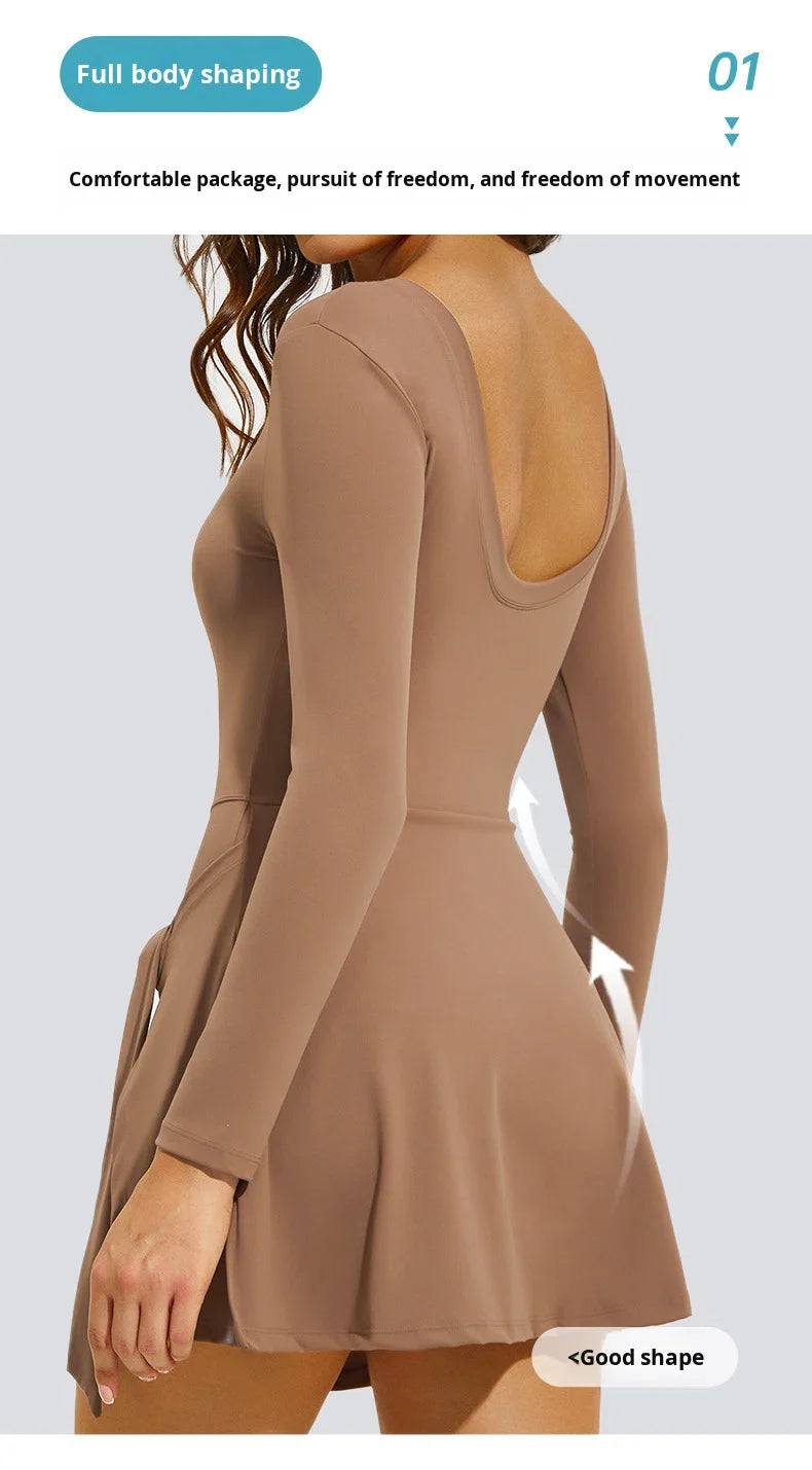 Women's Long Sleeve Slim-Fit One-Piece Tennis Golf Skirt Breathable Anti-Exposure Yoga Fitness Sports Skorts