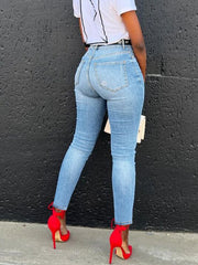 Full-length Light Blue High Waist Jeans, plus size denim