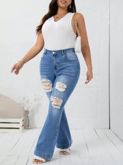 Plus size baggy flare denim jeans with trendy ripped knees