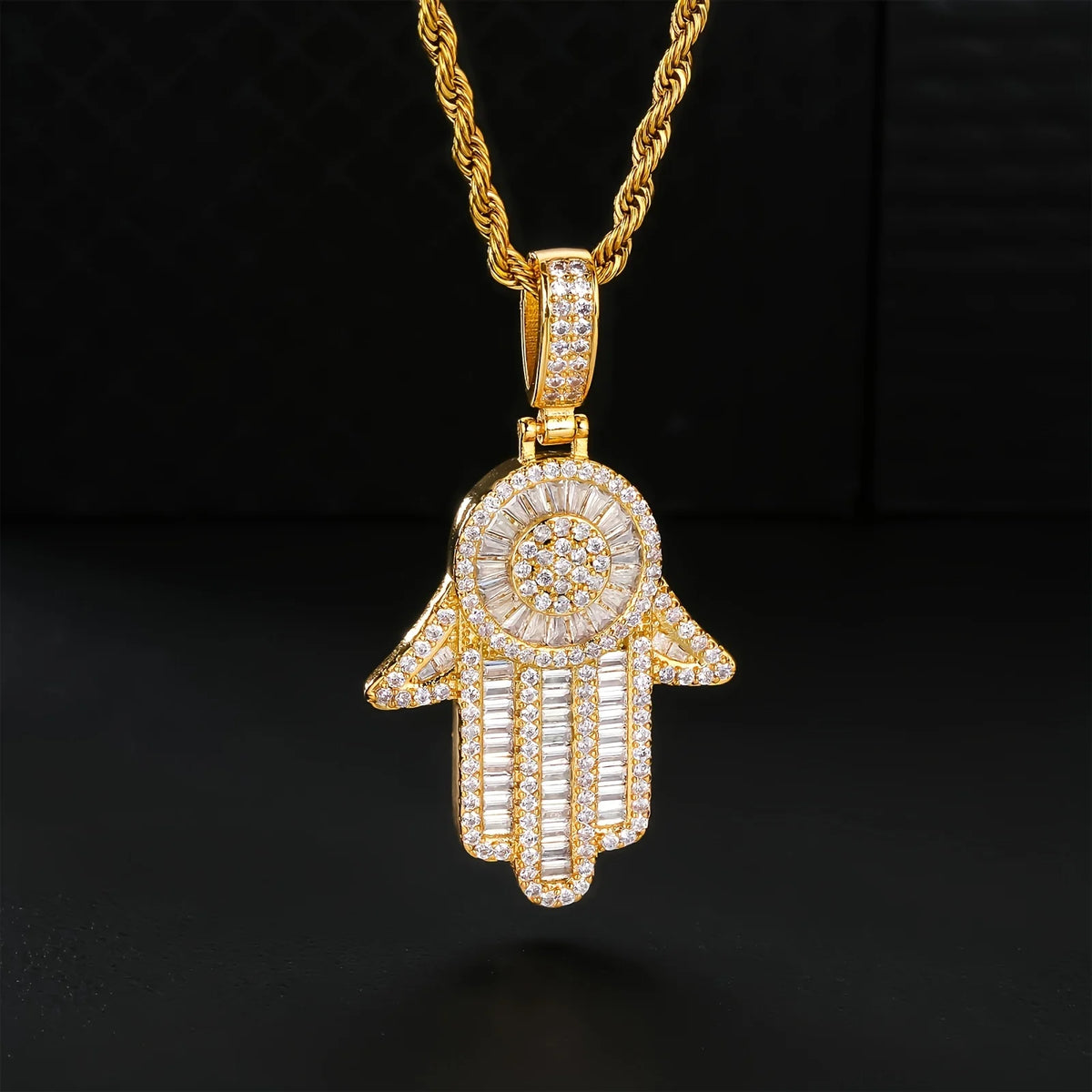 Maanga Iced-Out Hamsa Hand Pendant Necklace in 18K gold-plated finish
