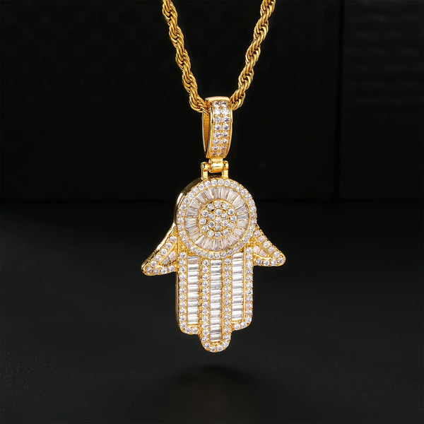 Gold Necklace with Iced-Out Hamsa Hand Pendant | 18K Gold-Plated CZ Charm