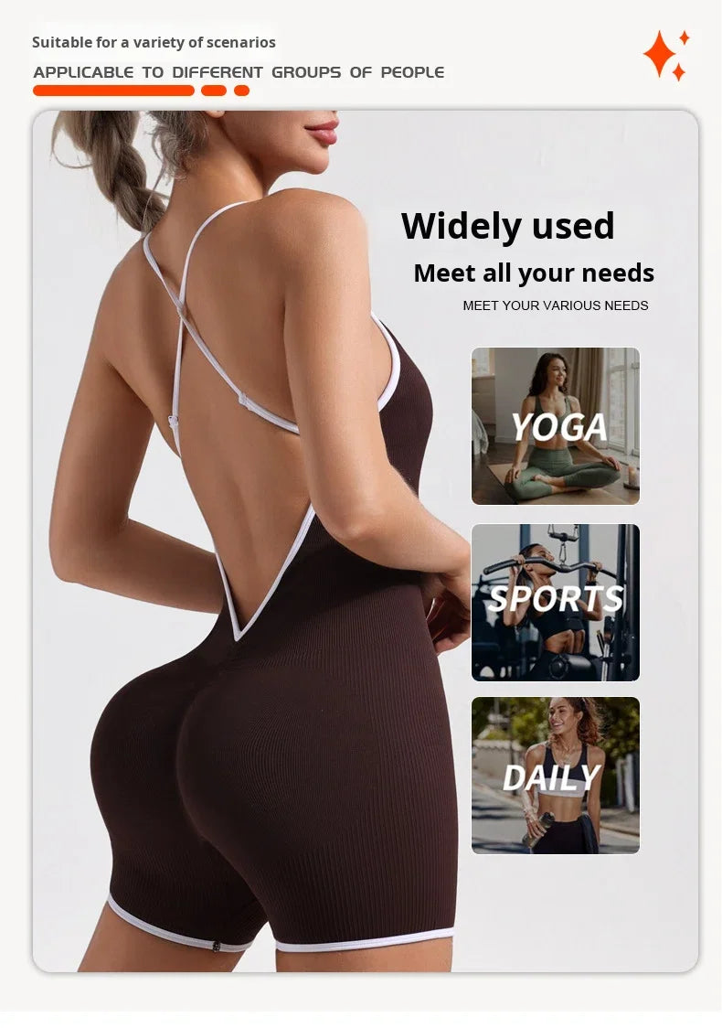 Women Seamless Quick-Drying Cross-Back Design Jumpsuit Contrasting Color Straps One-Piece Shorts