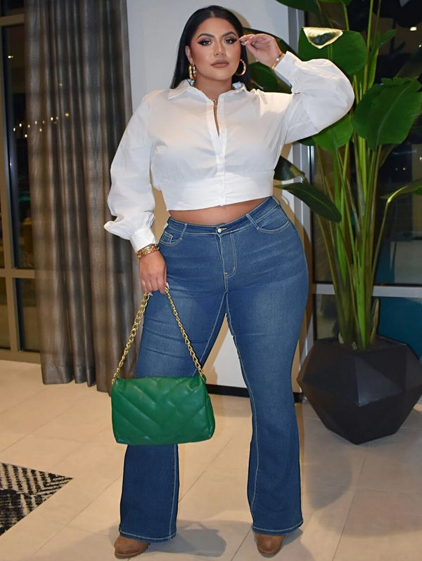 Wide Leg Jeans High Waist Flare Denim - Navy Vintage Wash (Plus Size)