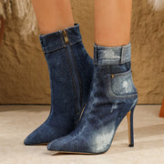 Blue denim-pattern pointed-toe stiletto Western ankle boots