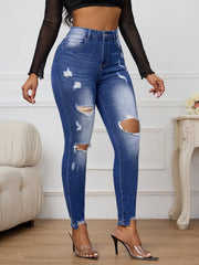 Full-length skinny denim jeans with medium stone-washed vintage finish