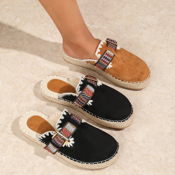 Embroidered Straw Flat Mules