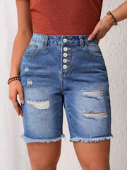 Blue high-waisted ripped denim shorts, plus size fit