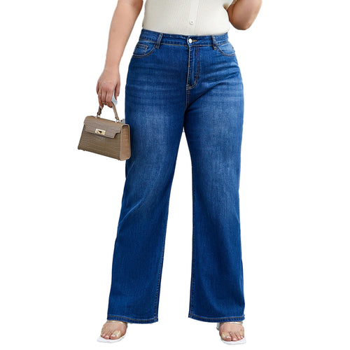 Dark blue wide leg jeans with relaxed baggy silhouette