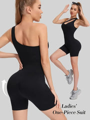 One-shoulder sports bodysuit with diagonal strap and backless cut