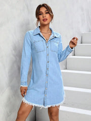 Light blue denim button-front midi shirt dress by Maanga