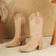 Khaki embroidered Western knee-high boots with block heel