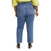 Mid-rise blue denim jeans with zipper fly closure