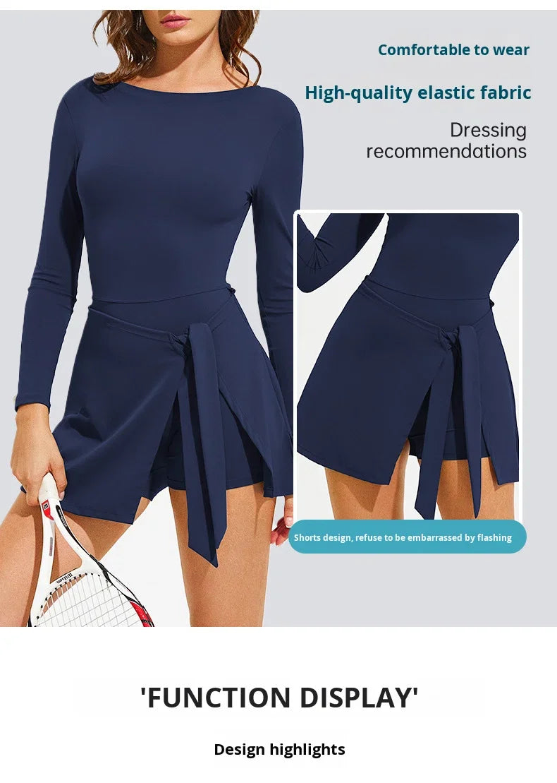 Women's Long Sleeve Slim-Fit One-Piece Tennis Golf Skirt Breathable Anti-Exposure Yoga Fitness Sports Skorts
