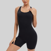 Seamless yoga one-piece bodysuit with crew neck