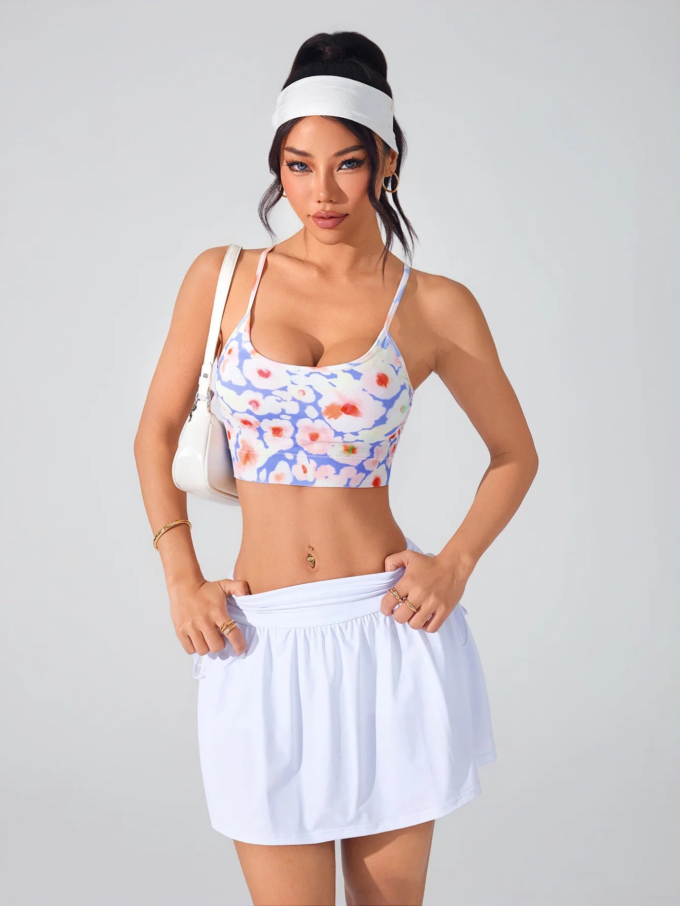 Women's Floral Print Crisscross Spaghetti Straps Sports Bra High Support Backless Breathable Yoga Tank Top for Fitness Running