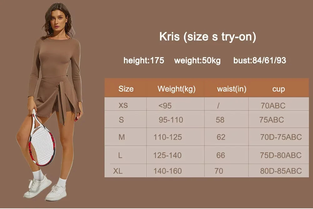 Women's Long Sleeve Slim-Fit One-Piece Tennis Golf Skirt Breathable Anti-Exposure Yoga Fitness Sports Skorts