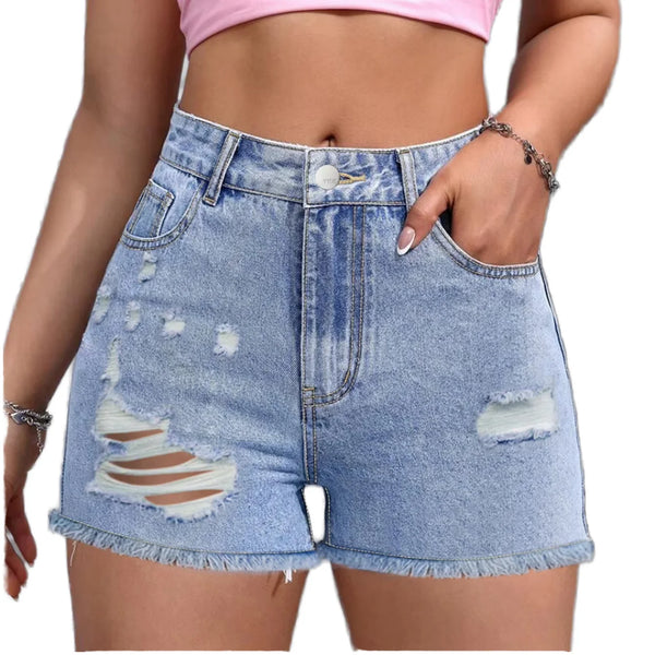 High Waist Boyfriend Denim Raw-Edge Shorts with Pockets