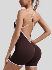 Crew neckline detail on Maanga seamless workout jumpsuit